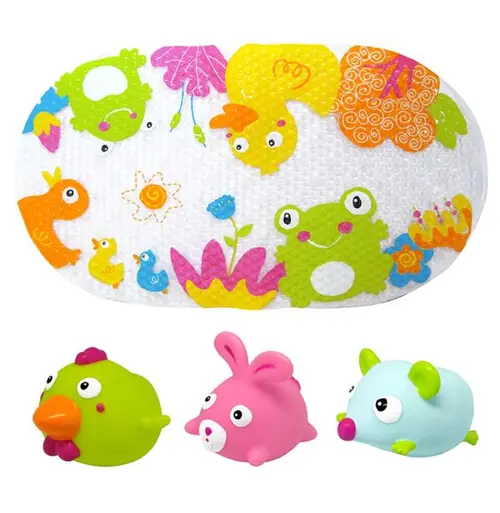 Set de baie 4 piese Knorr Toys KNR37021, include covoras de baie din PVC 69x39 cm si 3 jucarii animalute, 0 Luni+