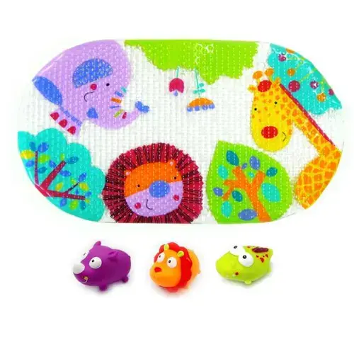Set de baie 4 piese Knorr Toys KNR37001, include covoras de baie din PVC 69x39 cm si 3 jucarii animalele junglei, 0 Luni+