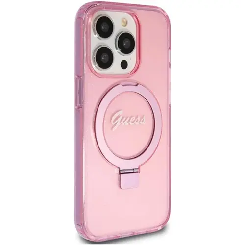 Guess Husa Ring Stand Glitter MagSafe iPhone 15 Pro Roz