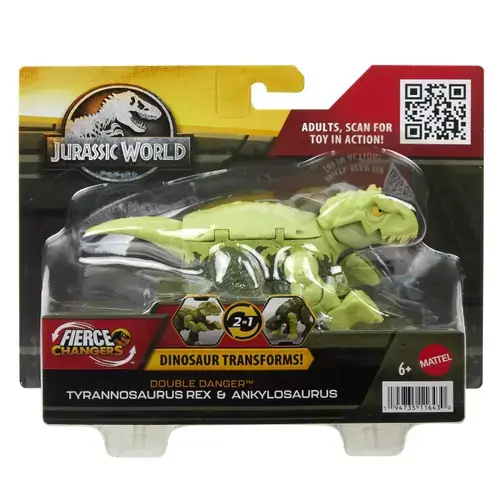 Figurina 2 in 1 Jurassic World Fierce Changers - Double Danger, Tyrannosaurus Rex si Ankylosaurus, verde