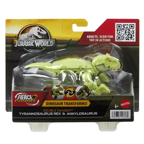 Figurina 2 in 1 Jurassic World Fierce Changers - Double Danger, Tyrannosaurus Rex si Ankylosaurus, verde