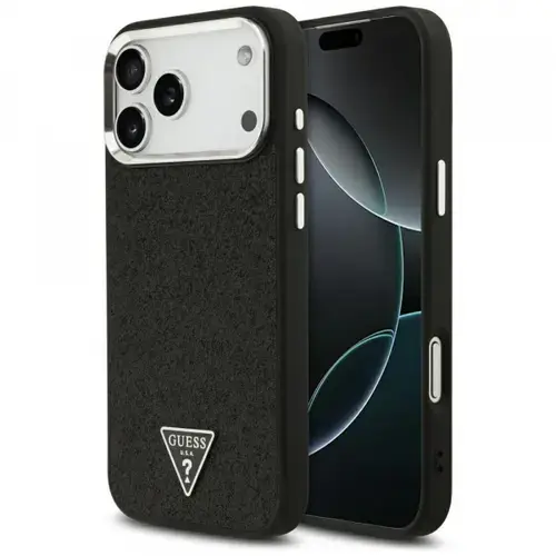 Husa MagSafe pentru Apple iPhone 17 Pro Max, Guess, Glitter Triangle Logo, Neagra