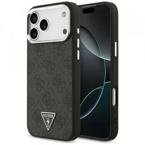 Husa MagSafe pentru Apple iPhone 17 Pro Max, Guess, 4G Triangle Logo, Neagra Argintie