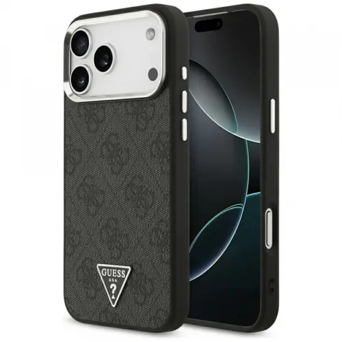 Husa MagSafe pentru Apple iPhone 17 Pro Max, Guess, 4G Triangle Logo, Neagra Argintie