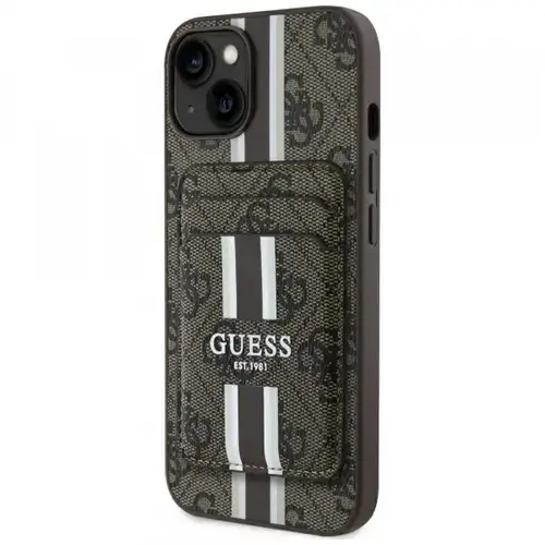 Husa MagSafe pentru Apple iPhone 15, Guess, Cardslot 4G Stripes , Maro