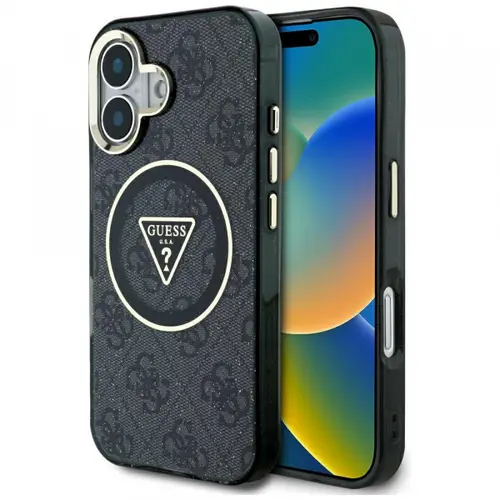 Husa MagSafe pentru Apple iPhone 16, Guess, IML Glitter 4G Circle Triangle, Neagra
