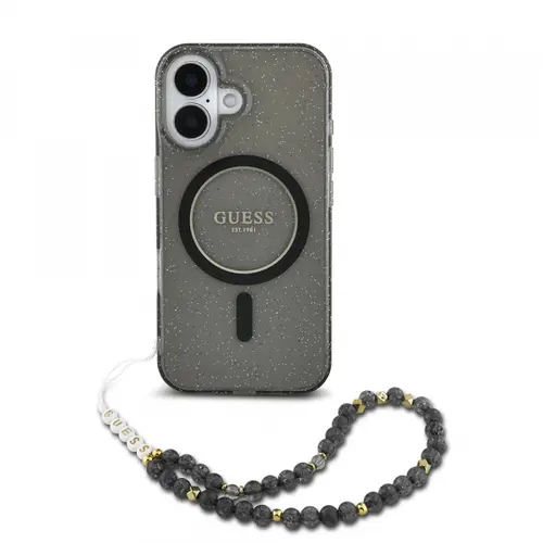 Husa MagSafe pentru Apple iPhone 16, Guess, IML Glitter with Pearl Strap, Neagra