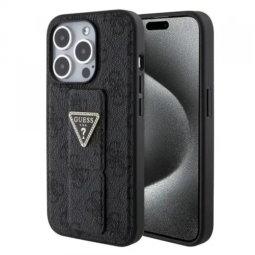 Husa pentru Apple iPhone 15 Pro, Guess, Grip Stand 4G Triangle Strass, Neagra