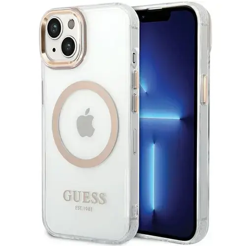 Husa MagSafe pentru Apple iPhone 15 Plus, Guess, Metal Outline, Aurie