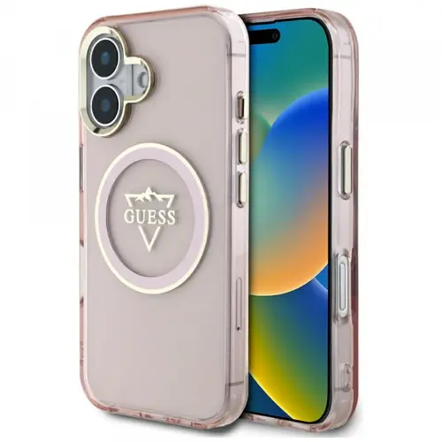 Husa MagSafe pentru Apple iPhone 16, Guess, IML Metal Mountain Logo, Roz