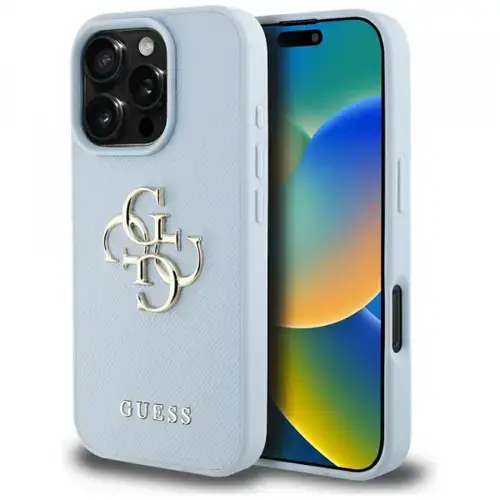 Husa pentru Apple iPhone 16 Pro, Guess, Grained Big 4G Logo Small Classic Logo, Albastra