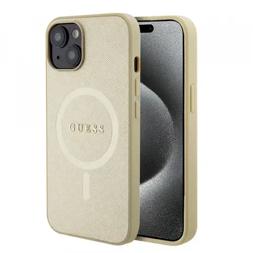 Husa MagSafe pentru Apple iPhone 15 Plus, Guess, Saffiano, Aurie