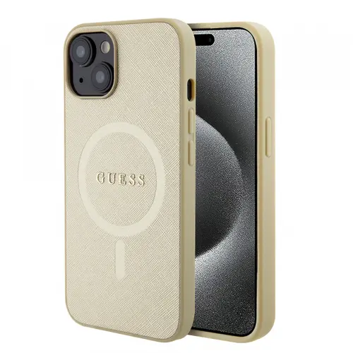 Husa MagSafe pentru Apple iPhone 15 Plus, Guess, Saffiano, Aurie