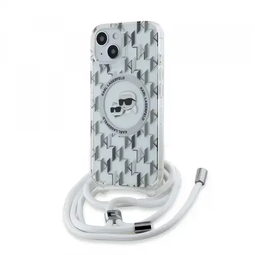 Husa MagSafe pentru Apple iPhone 15, Karl Lagerfeld, IML Crossbody Monogram Karl & Choupette's Heads, Transparenta