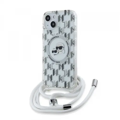 Husa MagSafe pentru Apple iPhone 15, Karl Lagerfeld, IML Crossbody Monogram Karl & Choupette's Heads, Transparenta