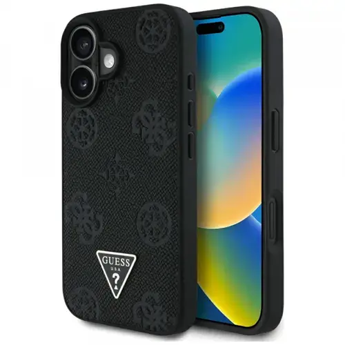 Husa MagSafe pentru Apple iPhone 16, Guess, Peony Grained Hot Stamp Triangle, Neagra