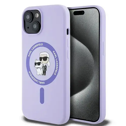 Husa MagSafe pentru Apple iPhone 15, Karl Lagerfeld, Silicone Ring Karl & Choupette, Mov