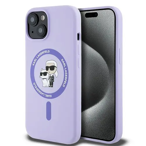 Husa MagSafe pentru Apple iPhone 15, Karl Lagerfeld, Silicone Ring Karl & Choupette, Mov