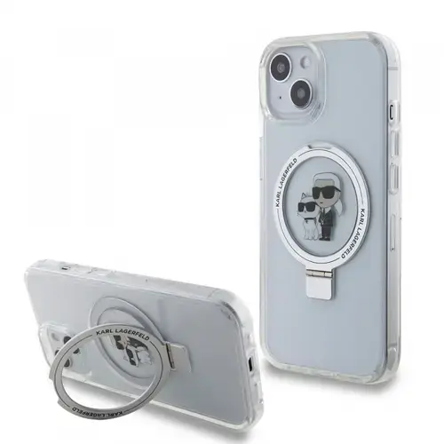 Husa MagSafe pentru Apple iPhone 15, Karl Lagerfeld, Ring Stand Karl & Choupette, Alba