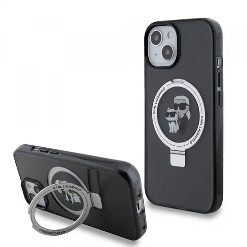 Husa MagSafe pentru Apple iPhone 15, Karl Lagerfeld, Ring Stand Karl & Choupette, Neagra