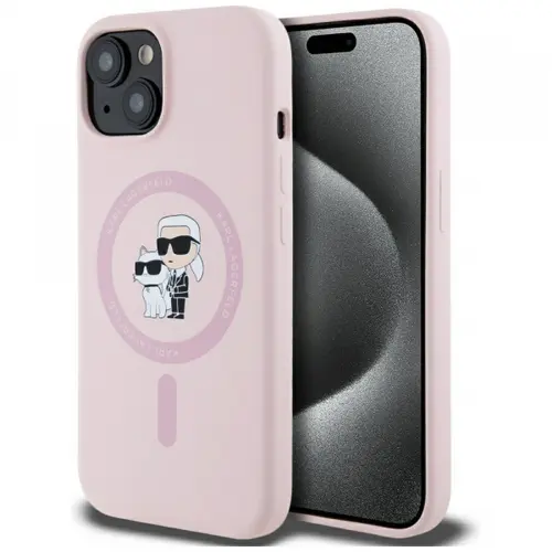 Husa MagSafe pentru Apple iPhone 15 Plus, Karl Lagerfeld, Silicone Karl & Choupette, Roz