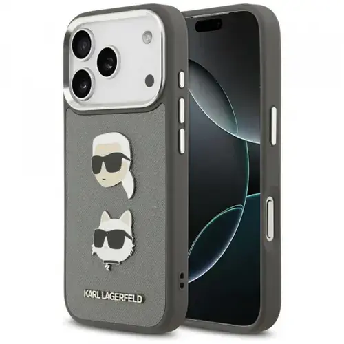 Husa pentru Apple iPhone 17 Pro, Karl Lagerfeld, Grained Karl & Choupette's Heads Pins and Logo, Gri