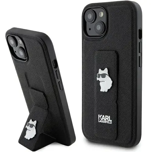 Husa MagSafe pentru Apple iPhone 15, Karl Lagerfeld, Saffiano Gripstand Choupette, Neagra