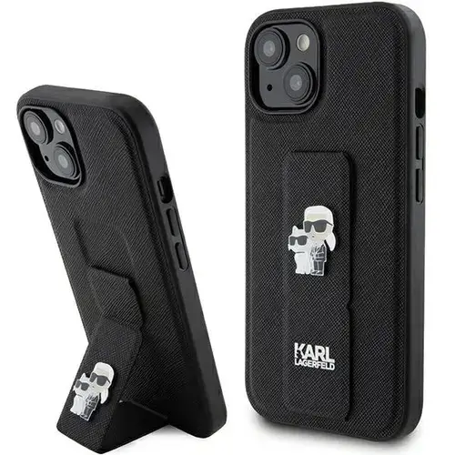 Husa MagSafe pentru Apple iPhone 15, Karl Lagerfeld, Saffiano Gripstand Karl & Choupette, Neagra