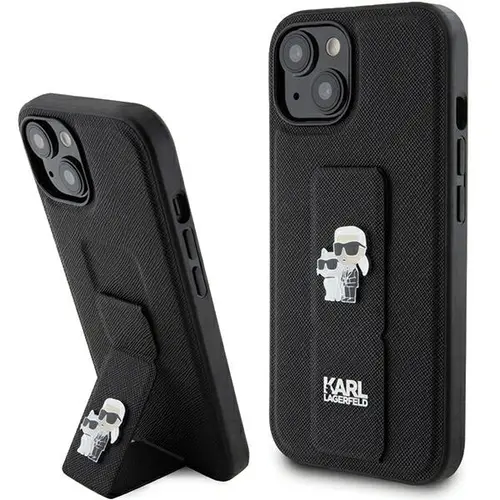 Husa MagSafe pentru Apple iPhone 15, Karl Lagerfeld, Saffiano Gripstand Karl & Choupette, Neagra