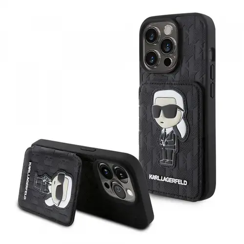 Husa pentru Apple iPhone 15 Pro, Karl Lagerfeld, Saffiano Cardslots and Stand Monogram Ikonik Karl, Neagra