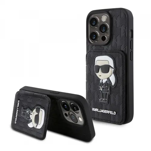 Husa pentru Apple iPhone 15 Pro, Karl Lagerfeld, Saffiano Cardslots and Stand Monogram Ikonik Karl, Neagra
