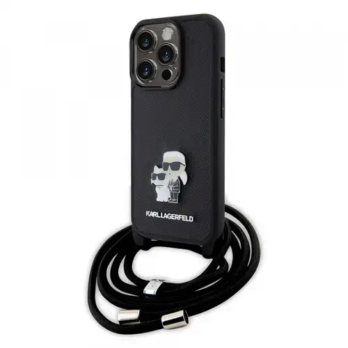Husa pentru Apple iPhone 15 Pro, Karl Lagerfeld, Saffiano Crossbody Metal Pin Karl & Choupette, Neagra