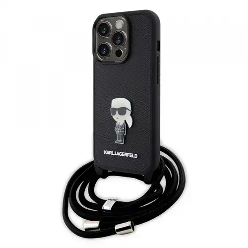 Husa pentru Apple iPhone 15 Pro, Karl Lagerfeld, Saffiano Crossbody Monogram Metal Pin Karl, Neagra