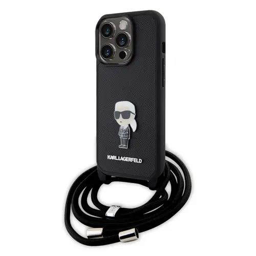 Husa pentru Apple iPhone 15 Pro, Karl Lagerfeld, Saffiano Crossbody Monogram Metal Pin Karl, Neagra