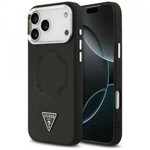 Husa MagSafe pentru Apple iPhone 17 Pro Max, Guess, Triangle Logo, Neagra Argintie