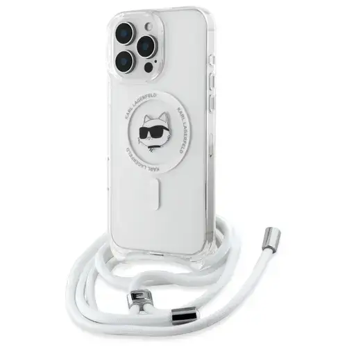 Husa MagSafe pentru Apple iPhone 16, Karl Lagerfeld, IML Crossbody Choupette's Head with Strap, Transparenta