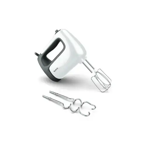 Mixer de mana Tefal Prep' Mix HT460138, 500W, 5 trepte de viteza, Functie Turbo, Teluri si carlige din inox, Buton pentru demontarea accesoriilor, accesorii compatibile cu masina de spalat vase, Alb