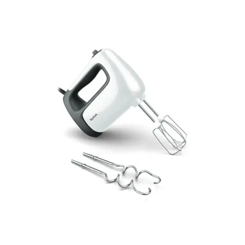 Mixer de mana Tefal Prep' Mix HT460138, 500W, 5 trepte de viteza, Functie Turbo, Teluri si carlige din inox, Buton pentru demontarea accesoriilor, accesorii compatibile cu masina de spalat vase, Alb