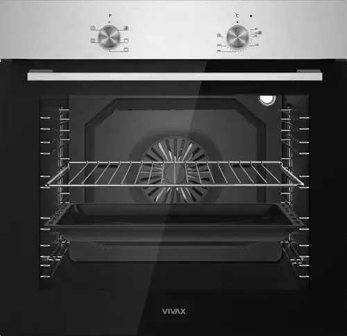 Cuptor incorporabil VIVAX BO-806BFM X, Electric, Clasa A, Capacitate 80 l, 5 programe + Lumina, Grill, Convectie, Dezghetare, Temperatura ajustabila 40–240°C, 2500W, Ventilatie tangentiala de racire, Ghidaje cromate detasabile, Usa dubla din sticla (Inox