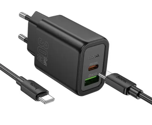 Incarcator Retea Cu Cablu USB-C HOCO N63, 30W, 3A, 1 x USB-A - 1 x USB-C, Negru
