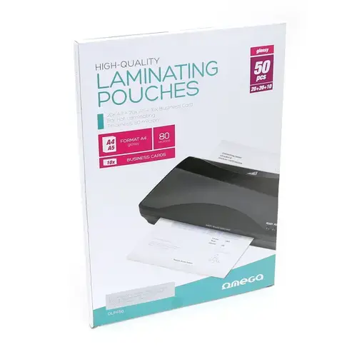 Folii laminare Omega 43503, 20 bucati A4, 20 bucati A5 si 10 pentru carti de vizita, pentru laminare la cald, 80 microni, lucioase, set 50 bucati