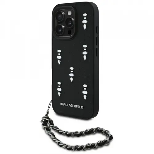Husa pentru Apple iPhone 16 Pro, Karl Lagerfeld, Saffiano Crystals & Charm, Neagra