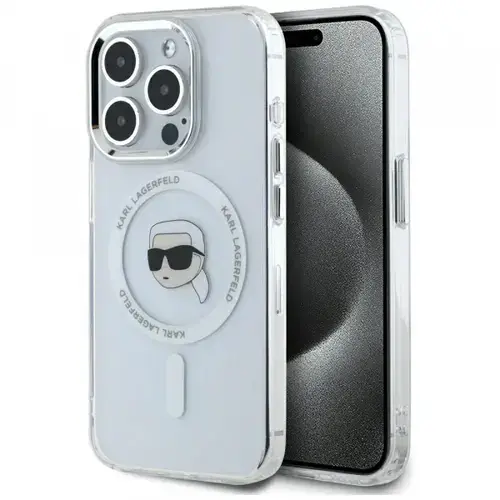 Husa MagSafe pentru Apple iPhone 15 Pro, Karl Lagerfeld, IML Metal Karl's Head, Alba
