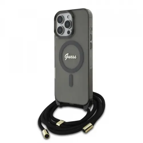 Husa MagSafe pentru Apple iPhone 16 Pro, Guess, IML Crossbody Cord Script, Neagra