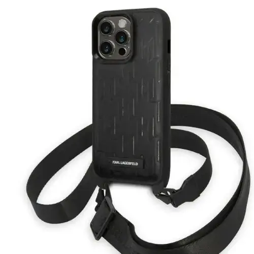 Husa pentru Apple iPhone 14 Pro, Karl Lagerfeld, Monogram Plaque Logo with Strap, Neagra