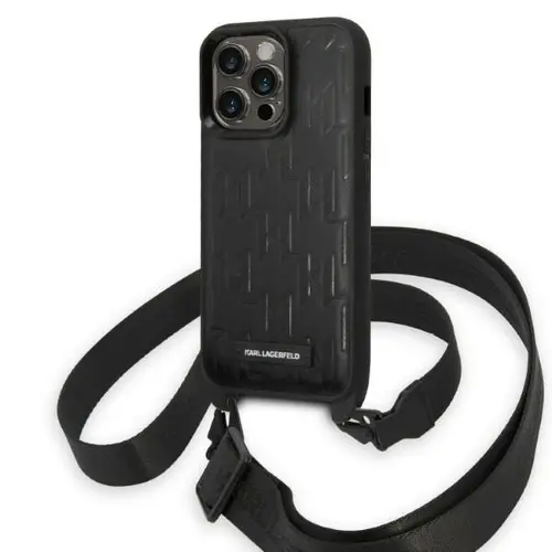 Husa pentru Apple iPhone 14 Pro, Karl Lagerfeld, Monogram Plaque Logo with Strap, Neagra