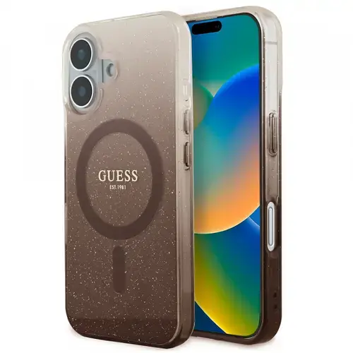 Husa MagSafe pentru Apple iPhone 16 Plus, Guess, IML Glitter Gradient, Maro