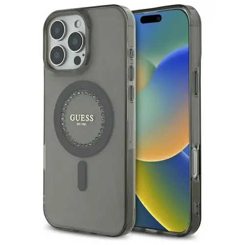 Husa MagSafe pentru Apple iPhone 16 Pro, Guess, IML Rhinestone, Neagra