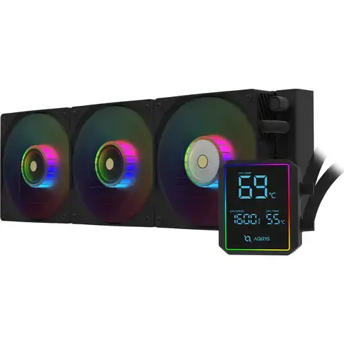 Cooler CPU cu lichid AQIRYS Aurora 360 AiO, 3 x 120mm, Display LCD, Negru
