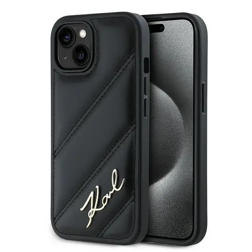 Husa pentru Apple iPhone 15, Karl Lagerfeld, Diagonal Quilted Script, Neagra